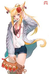 Rule 34 | 10s, 1girl, absurdres, animal ears, warrior of light (ff14), blonde hair, blue eyes, casual, cat ears, cat tail, earrings, facial mark, final fantasy, final fantasy xiv, flower, hair flower, hair ornament, highres, jewelry, long hair, miqo&#039;te, necklace, pechan, shorts, simple background, solo, standing, tail
