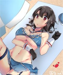 Rule 34 | 10s, 1girl, adapted costume, bikini, bikini skirt, black gloves, black hair, blue bikini, blush, breasts, female focus, garter straps, gloves, gradient background, hair between eyes, hand on own stomach, kantai collection, large breasts, looking at viewer, lying, navy (navy.blue), on back, open mouth, red eyes, short hair, solo, swimsuit, takao (kancolle), underboob