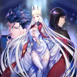Rule 34 | 1girl, 2boys, absurdres, albino, black hair, blue eyes, blue hair, breasts, brown eyes, cleavage, closed mouth, cowboy shot, crown, dress, dress of heaven, expressionless, fate/stay night, fate (series), hair strand, highres, justeaze lizrich von einzbern, long hair, matou zouken, messy hair, multiple boys, red eyes, sash, smile, thighhighs, tohsaka nagato, white dress, white hair, white thighhighs, ycco (estrella)