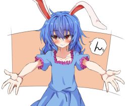 Rule 34 | 1girl, animal ears, blue hair, blue shirt, blue skirt, blush, closed mouth, collarbone, commentary request, looking to the side, low twintails, medium hair, mifutatsu, rabbit ears, rabbit girl, reaching, reaching towards viewer, red eyes, seiran (touhou), shirt, short sleeves, skirt, solo, speech bubble, touhou, twintails, upper body