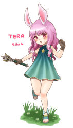 Rule 34 | 1girl, animal ears, bad id, bad pixiv id, blush, dress, elin, female focus, full body, gloves, long hair, nature, open mouth, plant, purple eyes, purple hair, rabbit ears, running, sandals, simple background, sleeveless, sleeveless dress, solo, tera online, wand, white background