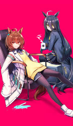 Rule 34 | 2girls, agnes tachyon (umamusume), ahoge, animal ears, black hair, brown hair, chair, closed mouth, coat, coffee mug, cup, deadnooodles, hair between eyes, highres, holding, holding cup, horse ears, horse girl, horse tail, lab coat, long hair, long sleeves, looking at viewer, manhattan cafe (umamusume), mug, multiple girls, on chair, orange eyes, pantyhose, parted lips, pink background, reclining, shoes, short hair, simple background, sitting, skirt, sleeves past fingers, sleeves past wrists, smile, sweater, tail, test tube, umamusume, white coat, white footwear, yellow eyes, yellow sweater