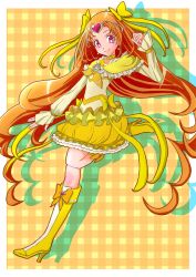 Rule 34 | 10s, 1girl, absurdres, amawa kazuhiro, boots, bow, bubble skirt, cure muse, cure muse (yellow), dress, earrings, eyelashes, frilled skirt, frills, hair ornament, hair ribbon, happy, heart, high heel boots, high heels, highres, jewelry, knee boots, kneehighs, long hair, looking at viewer, magical girl, orange hair, pink eyes, precure, ribbon, shirabe ako, skirt, smile, socks, solo, standing, suite precure, tiara, very long hair, yellow bow, yellow dress, yellow skirt