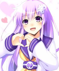 Rule 34 | 1girl, blush, commentary request, d-pad, d-pad hair ornament, doria (p f dolia), dress, hair between eyes, hair ornament, heart, heart hands, highres, long hair, long sleeves, looking at viewer, neckerchief, nepgear, neptune (series), open mouth, purple eyes, purple hair, sailor collar, sailor dress, sidelocks, solo, upper body, white dress, yellow neckerchief