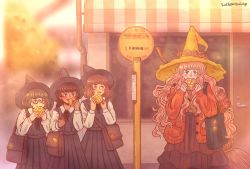Rule 34 | 4girls, absurdres, autumn, bag, black dress, black hair, blush, bread, broom, brown hair, door, dress, earrings, flower, food, glasses, handbag, hat, highres, jacket, jewelry, long hair, looking at another, melon bread, multiple girls, original, pastel colors, pink hair, red jacket, redbeanporridge, road sign, rose, shirt, sign, smile, wavy hair, white shirt, window, witch, witch hat
