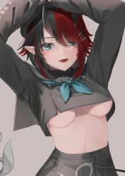 Rule 34 | 1girl, arms up, atsushima, beret, black hair, black hat, black serafuku, black skirt, blue eyes, blush, breasts, commentary request, cowboy shot, crop top, cross, cross earrings, demon girl, demon horns, demon tail, ear piercing, earrings, grey background, hair between eyes, hair ornament, hat, highres, horns, jewelry, large breasts, looking at viewer, midriff, multicolored hair, nanashi inc., official alternate costume, open mouth, piercing, pointy ears, red hair, ryugasaki rene, ryugasaki rene (3rd costume), school uniform, serafuku, short hair, simple background, skirt, smile, solo, sugar lyric, tail, two-tone hair, underboob, virtual youtuber, x hair ornament