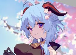 Rule 34 | 1girl, ahoge, ainy, bad id, bad twitter id, bell, black bodysuit, black bow, black gloves, blue hair, blurry, blurry background, blush, bodysuit, bow, breasts, cherry blossoms, closed mouth, cowbell, day, eyelashes, fingers together, ganyu (genshin impact), genshin impact, gloves, goat horns, hair between eyes, hair bow, horns, light blue hair, long hair, looking at viewer, medium breasts, outdoors, own hands together, perky breasts, portrait, purple eyes, sidelocks, smile, solo