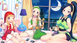 Rule 34 | 3girls, airmisuzu, barefoot, bed, black hair, blonde hair, bow, braid, card, chibi, crescent moon, dragon quest, dragon quest xi, finger to mouth, hairband, harp, hero (dq11), highres, instrument, looking at viewer, martina (dq11), midriff, moon, multiple girls, navel, ponytail, senya (dq11), sitting, sky, slime (dragon quest), smile, star (sky), starry sky, twin braids, veronica (dq11), waist bow, wariza, window
