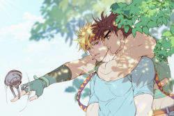 2boys, :t, arm around neck, bare shoulders, battle tendency, belt, blonde hair, blue eyes, blue shirt, brown belt, brown hair, caesar anthonio zeppeli, chinese commentary, cigarette, clothing cutout, commentary request, crop top, dappled sunlight, dated, eyebrows, facial mark, fingerless gloves, fingernails, gloves, green eyes, green gloves, green tank top, hamon mask, headband, highres, jojo no kimyou na bouken, joseph joestar (young), leaf, leaning on person, looking at another, male focus, mask, mask removed, midriff, motion lines, mouth hold, multiple boys, multiple sources, outstretched arm, profile, sashiyu, shade, shirt, short hair, signature, sleeveless, spinning, sunlight, t-shirt, tank top, thick eyebrows, tree shade, triangle print, upper body