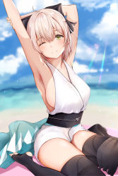 Rule 34 | 1girl, ;), ahoge, beach, black bow, black thighhighs, blonde hair, blue sky, blurry, blurry background, blush, bow, breasts, closed mouth, day, fate/grand order, fate (series), hair between eyes, hair bow, highres, large breasts, looking at viewer, obi, okita souji (fate), okita souji (koha-ace), one eye closed, outdoors, sash, short hair, sidelocks, sitting, sky, smile, solo, sunlight, thighhighs, toeless legwear, uiri-na, wariza, yellow eyes