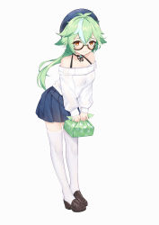 Rule 34 | 1girl, absurdres, alternate costume, animal ears, antenna hair, bare shoulders, bento, beret, blue hat, blue skirt, blush, breasts, brown footwear, commentary request, full body, genshin impact, glasses, green eyes, hat, highres, holding, leaning forward, loafers, long sleeves, looking at viewer, off-shoulder shirt, off shoulder, orange eyes, pleated skirt, shirt, shoes, skirt, solo, standing, sucrose (genshin impact), thighhighs, white background, white shirt, white thighhighs, wrapped bento, xiao dao jun