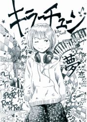 Rule 34 | 1girl, bad id, bad pixiv id, bob cut, confetti, english text, extra, flower skirt, guitar, headphones, headphones around neck, hood, hooded sweater, instrument, monochrome, musical note, one eye closed, original, party popper, piano keys, short hair, smile, solo focus, sweater, traditional media, yutsuki (user xrsy7453)