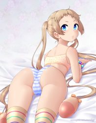 Rule 34 | 1girl, ass, bare shoulders, blonde hair, blue eyes, bow, bra, cherry print, chuunibyou demo koi ga shitai!, dekomori sanae, female focus, floral background, food print, geewhy, hair bow, highres, long hair, looking at viewer, looking back, lying, on stomach, panties, partially visible vulva, shiny clothes, solo, striped clothes, striped panties, striped thighhighs, thighhighs, underwear, underwear only, very long hair
