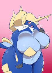 Rule 34 | 1girl, animal nose, armor, artist request, belly, blue skin, blush, breastplate, breasts, colored skin, creatures (company), fang, fins, fish tail, furry, furry female, game freak, gen 5 pokemon, heart, helmet, highres, huge breasts, looking at viewer, navel, nintendo, open mouth, plump, pokemon, samurott, seashell, shell, snout, tail, whiskers