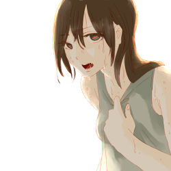 Rule 34 | 1girl, backlighting, brown eyes, brown hair, din (pixiv25800872), dripping, grey shirt, heart, heart-shaped pupils, hot, long hair, looking at viewer, open mouth, original, shirt, shirt tug, short sleeves, simple background, sleeveless, summer, sweat, symbol-shaped pupils, wet, white background