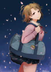 Rule 34 | 10s, 1girl, arakure, artist name, bag, bag charm, brown eyes, brown hair, cardigan, charm (object), cherry blossoms, commentary request, cowboy shot, highres, isshiki iroha, looking at viewer, messy hair, short hair, shoulder bag, skirt, smile, solo, wind, yahari ore no seishun lovecome wa machigatteiru.