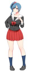 Rule 34 | 1girl, aki (double melon), black footwear, black shirt, blue hair, blue socks, blush, bow, breasts, full body, hair ornament, hair scrunchie, hand on own hip, hand up, large breasts, official art, pink eyes, pleated skirt, ponytail, red bow, red skirt, school uniform, scrunchie, serafuku, shirt, simple background, skirt, socks, solo, standing, white background