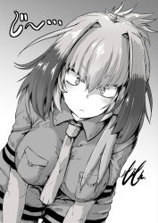 Rule 34 | 10s, 1girl, :&lt;, alternate breast size, breast pocket, breasts squeezed together, breasts, collared shirt, greyscale, hair between eyes, hair intakes, hanging breasts, kemono friends, large areolae, layered sleeves, leaning forward, long sleeves, looking at viewer, monochrome, necktie, nokishita kumoemon, personification, pocket, shirt, shoebill (kemono friends), short over long sleeves, short sleeves, shorts, solo, standing, staring