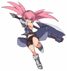 Rule 34 | 1girl, armpits, arms up, axe, belt, bike shorts, black shorts, boots, breasts, cameltoe, dress, elbow gloves, full body, gloves, grey footwear, grey gloves, huge weapon, karukan (monjya), knee boots, long hair, looking at viewer, open clothes, open dress, pink hair, pouch, presea combatir, purple dress, shorts, shorts under dress, sideboob, simple background, sleeveless, sleeveless dress, small breasts, solo, tales of (series), tales of symphonia, twintails, weapon, white background, wind, wind lift