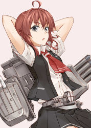 Rule 34 | 10s, 1girl, :o, ahoge, arashi (kancolle), arms behind head, arms up, bad id, bad pixiv id, belt, black skirt, buttons, collared shirt, cowboy shot, grey eyes, kantai collection, machinery, necktie, open clothes, open vest, pallad, parted lips, pink background, pleated skirt, red hair, red necktie, shirt, simple background, skirt, solo, unbuttoned, vest, white shirt