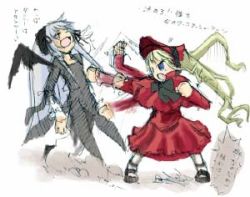 Rule 34 | 00s, 2girls, black dress, black wings, blonde hair, dress, full body, hairband, hat, legs apart, lolita hairband, long sleeves, lowres, mary janes, motion lines, multiple girls, punching, red dress, rozen maiden, shinku, shoes, simple background, standing, suigintou, white background, wings