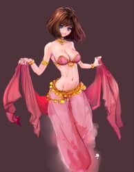 Rule 34 | 1girl, arabian clothes, bare shoulders, blue eyes, breasts, brown hair, ch2o, cleavage, collarbone, eyebrows, highres, jewelry, looking at viewer, mazaki anzu, medium breasts, navel, necklace, parted lips, short hair, simple background, smile, solo, standing, yu-gi-oh!