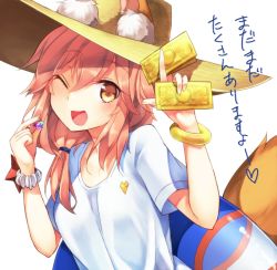 Rule 34 | 10s, 1girl, animal ears, breasts, card, ears through headwear, fate/extra, fate/grand order, fate (series), fox ears, fox tail, gurune, holding, holding card, looking at viewer, one eye closed, open mouth, pink hair, saint quartz (fate), simple background, solo, tail, tamamo (fate), tamamo no mae (fate/extra), tamamo no mae (swimsuit lancer) (fate), tamamo no mae (swimsuit lancer) (first ascension) (fate), translation request, white background, yellow eyes