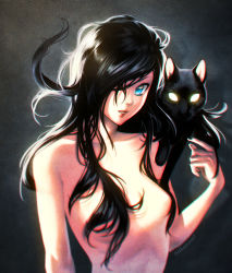 Rule 34 | 1girl, animal, animal on shoulder, artist name, black cat, black hair, blue eyes, breasts, cat, collarbone, convenient censoring, glowing, glowing eyes, gradient background, grey background, hair censor, hair over breasts, hair over one eye, lips, long hair, looking at viewer, nana nakano, nude, original, parted lips, small breasts, smile, solo, underwear, yellow eyes