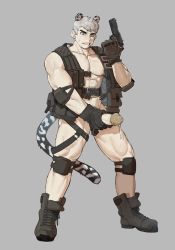 Rule 34 | 1boy, abs, animal ears, bad id, bad twitter id, bara, bare pectorals, commission, cum, cumdrip, erection, frown, full body, grey background, grey hair, gun, highres, holding, holding gun, holding weapon, knee pads, male focus, male masturbation, masturbation, muscular, muscular male, nipples, no pants, no shirt, original, pectorals, penis, shoes, short hair, sideburns, solo, stomach, tail, thighs, tiger boy, tiger ears, tiger tail, uncensored, uza (hellme), weapon