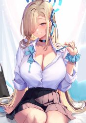 Rule 34 | 1girl, asuna (blue archive), black choker, black skirt, blonde hair, blue archive, blue ribbon, blue scrunchie, breasts, choker, cleavage, collared shirt, commentary request, hair ornament, hair over one eye, hair ribbon, halo, highres, large breasts, long hair, long sleeves, looking at viewer, ninoude (ninoude44), one eye covered, parted lips, pleated skirt, ribbon, scrunchie, shirt, shirt tucked in, sitting, skirt, smile, solo, white shirt, wrist scrunchie