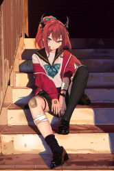 Rule 34 | 1girl, absurdres, alternate hairstyle, aqua neckwear, arknights, asymmetrical legwear, auguste, bandaged arm, bandages, bandaid, bandaid on arm, bandaid on face, bandaid on forehead, bandaid on hand, bandaid on knee, bandaid on leg, between legs, black thighhighs, chinese commentary, hand between legs, highres, horns, jacket, nail polish, open clothes, open jacket, ponytail, purple eyes, red hair, red jacket, red nails, sailor collar, school uniform, shadow, shirt, shoes, single sock, single thighhigh, sitting, skirt, socks, solo, stairs, stairwell, surtr (arknights), thighhighs, uneven legwear, white shirt