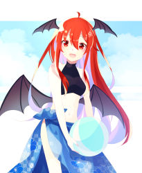 Rule 34 | 1girl, absurdres, ahoge, alternate costume, ball, bare arms, beachball, black hair, cowboy shot, crop top, demon wings, hair between eyes, head wings, highres, holding, holding ball, koakuma, long hair, looking at viewer, low wings, navel, open mouth, red eyes, red hair, sarong, shinketsu kanyu, smile, solo, standing, touhou, turtleneck, wings
