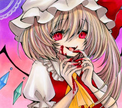 Rule 34 | 1girl, ascot, blonde hair, blood, blood on hands, fangs, fingernails, flandre scarlet, frilled shirt collar, frilled sleeves, frills, gradient background, hair between eyes, hat, highres, long hair, marker (medium), mob cap, multicolored wings, open mouth, pink background, puffy short sleeves, puffy sleeves, purple background, red eyes, red vest, sharp fingernails, shirt, short sleeves, skin fangs, solo, touhou, traditional media, upper body, vest, white hat, white shirt, wings, yellow ascot, yuuki hana (jtnp5334)