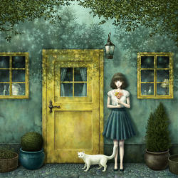Rule 34 | 1girl, bad id, bad pixiv id, bottle, brown hair, building, cat, commentary, curtains, door, flower, green eyes, highres, holding, kazami (kuroro), lamp, lantern, looking at viewer, orb, original, outdoors, pale skin, pavement, plant, pleated skirt, potted plant, road, shadow, short hair, skirt, solo, standing, street, tree, white cat, window