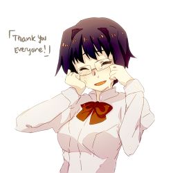 Rule 34 | 10s, 1girl, :d, blue hair, blush, bow, bowtie, breasts, closed eyes, crying, english text, glasses, hakamichi shizune, ikari shinji, katawa shoujo, lowres, neon genesis evangelion, open mouth, puffy sleeves, school uniform, shirt, short hair, simple background, smile, solo, tears, text focus, upper body, weee (raemz), white background, wiping tears