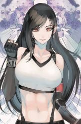 Rule 34 | 1girl, bare shoulders, black hair, black skirt, brown eyes, clenched hand, earrings, elbow pads, final fantasy, final fantasy vii, final fantasy vii remake, fingerless gloves, gloves, jewelry, long hair, looking at viewer, low-tied long hair, midriff, minsgraph jp, navel, pencil skirt, shirt, skirt, standing, suspender skirt, suspenders, tank top, taut clothes, taut shirt, tifa lockhart