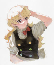 Rule 34 | 100th black market, 1girl, arm up, black vest, blonde hair, bow, bowtie, brown eyes, buttons, closed mouth, commentary request, grey shirt, hand in own hair, hand on own head, highres, kirisame marisa, long hair, looking to the side, marker (medium), multicolored buttons, no headwear, overexposure, parted bangs, puffy short sleeves, puffy sleeves, red bow, red bowtie, scratching head, shadow, shiratama (hockey), shirt, short sleeves, solo, touhou, traditional media, turtleneck, upper body, vest, wavy hair, wavy mouth