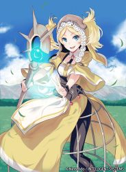 Rule 34 | 1girl, artist request, blonde hair, blue eyes, boots, company connection, copyright name, dress, fingerless gloves, fire emblem, fire emblem awakening, fire emblem cipher, gloves, holding, lissa (fire emblem), nintendo, open mouth, pantyhose, smile, solo, staff, twintails