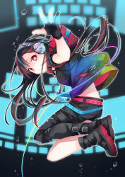 Rule 34 | 1girl, air bubble, belt, black gloves, black hair, blue hair, bubble, commentary, denim, dive to zone, english commentary, fingerless gloves, floating hair, gloves, hair between eyes, headphones, highres, hood, hoodie, jeans, jumping, kuroi (liar-player), long hair, looking at viewer, looking to the side, multicolored hair, outstretched arm, painttool sai (medium), pants, power symbol, red eyes, red hair, short sleeves, solo, symbol-shaped pupils