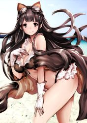 Rule 34 | 10s, 1girl, bare shoulders, beach, bikini, black bikini, black eyes, black hair, blunt bangs, blush, breasts, cleavage, closed mouth, collarbone, day, detached sleeves, floating hair, gloves, goggles, goggles on head, granblue fantasy, jessica (granblue fantasy), large breasts, leaning forward, long hair, looking at viewer, outdoors, sidelocks, smile, solo, souryu, swimsuit, very long hair, white gloves, wide sleeves