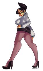 Rule 34 | 1girl, absurdres, ass, breasts, earrings, from behind, full body, glasses, hair bun, hand on own hip, high heels, highres, jewelry, large breasts, looking at viewer, looking back, mole, mole under mouth, mrs. victoria (skullgirls), pantyhose, parted lips, radlionheart, red lips, skirt, skullgirls, solo, transparent background