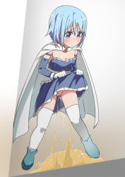 Rule 34 | 1girl, blue dress, blue eyes, blue footwear, blue hair, blush, boots, breasts, cape, cleavage, clothes lift, detached sleeves, dress, dress lift, female focus, full body, gloves, gradient background, grey background, hands up, legs apart, lifting own clothes, looking down, magical girl, mahou shoujo madoka magica, miki sayaka, miki sayaka (magical girl), minamimachi naname, no panties, peeing, puddle, pussy, shiny skin, short hair, simple background, small breasts, solo, standing, strapless, strapless dress, tears, thighhighs, uncensored, white gloves, white thighhighs