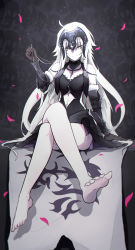 Rule 34 | 1girl, absurdres, arm at side, armor, bare legs, bare shoulders, barefoot, between breasts, black gloves, black leotard, breasts, brown gloves, chain, choker, closed mouth, clothing cutout, commentary request, crossed legs, elbow gloves, fate/apocrypha, fate (series), feet, full body, fur-trimmed sleeves, fur trim, gauntlets, gloves, hair between eyes, hand up, headpiece, highres, holding, holding hair, jeanne d&#039;arc (fate), jeanne d&#039;arc alter (avenger) (fate), jeanne d&#039;arc alter (avenger) (third ascension) (fate), jeanne d&#039;arc alter (fate), leotard, long hair, looking at viewer, medium breasts, navel, navel cutout, petals, shiliuye feiyu, silver hair, smile, soles, solo, toes, very long hair, yellow eyes