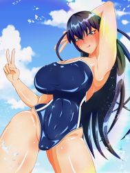 Rule 34 | 1girl, armpits, artist request, bare legs, blue hair, blue sky, breasts, curvy, igawa asagi, large breasts, long hair, one-piece swimsuit, school swimsuit, sky, swimsuit, taimanin (series), taimanin asagi, very long hair, wide hips
