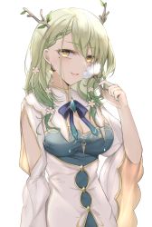 Rule 34 | 1girl, antlers, braid, breasts, ceres fauna, cleavage, earrings, flower, french braid, green hair, green nails, hair flower, hair ornament, highres, hololive, hololive english, horns, jewelry, medium breasts, mole, mole under eye, nail polish, simple background, smile, solo, takida 185, upper body, virtual youtuber, white background, yellow eyes
