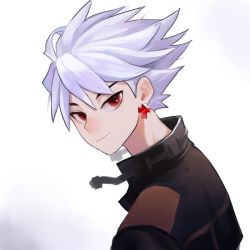 Rule 34 | 1boy, earrings, jewelry, looking at viewer, male focus, red eyes, rough (talesrunner), silver hair, simple background, smile, spiked hair, talesrunner, upper body, white background