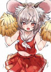 Rule 34 | 1girl, animal ear fluff, animal ears, blush, cheering, cheerleader, collarbone, deal360acv, grey hair, hair between eyes, highres, holding, holding pom poms, looking at viewer, mouse ears, navel, nazrin, neckerchief, open mouth, pleated skirt, pom pom (cheerleading), pom poms, red eyes, red skirt, short hair, simple background, skirt, solo, touhou, white background, white neckerchief