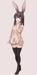 Rule 34 | 1girl, animal ears, black thighhighs, blush, brown hair, commentary request, grey background, hand up, head tilt, looking at viewer, no shoes, original, rabbit ears, red eyes, simple background, sleeves past wrists, solo, sweater, thighhighs, tsukune (yagi), yagi (ningen), yellow sweater, zettai ryouiki