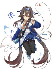 Rule 34 | !, 1girl, blue skirt, boo tao (genshin impact), casual, deitaku, eyewear hang, unworn eyewear, fanny pack, full body, genshin impact, ghost, hairband, highres, hu tao (genshin impact), hu tao (lawson) (genshin impact), jacket, long hair, long sleeves, looking at viewer, nail polish, official alternate costume, open clothes, open jacket, pleated skirt, red eyes, shirt, shoes, simple background, skirt, smile, solo, sunglasses, thought bubble, very long hair, white background, white shirt