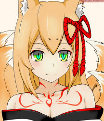 Rule 34 | 1girl, animal ear fluff, animal ears, bare shoulders, blush, breasts, cleavage, collarbone, dongflame, fang, flat chest, fox ears, green eyes, hair ornament, kitsune, looking at viewer, mon-musu quest!, monster girl, multiple tails, pink background, shadow, short hair, sidelocks, simple background, smile, solo, tail, tamamo (mon-musu quest!), tattoo, watermark, web address